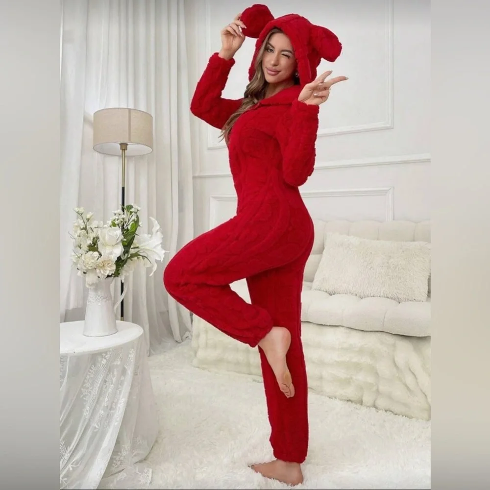 Red Plush Full Pajamas with Ears, Size L, New with Label (NWT) - Picture 4 of 6